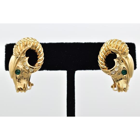 KJL Avon Ram Clip On Earrings Green Rhinestone Crystal Gold Tone Signed 1980s 9I - Picture 1 of 12